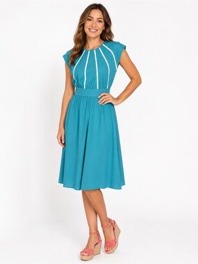 Leslie Fay Teal Midi Dress White Stripe Detail Belted Vintage Retro Size M